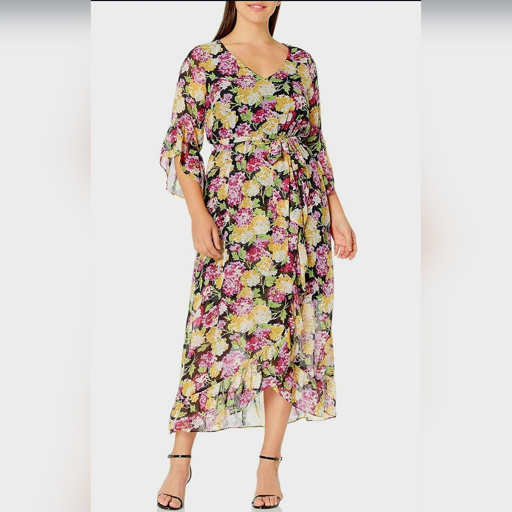 Nine West Floral Sheer Wrap Ruffle Belted Any Occasion Midi Dress